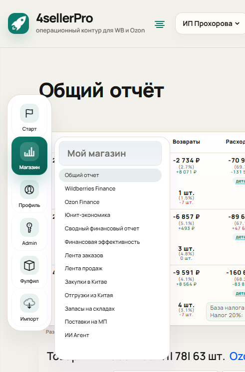 Меню 4sellerPro с разделами магазина, профиля, импорта и фулфилмента