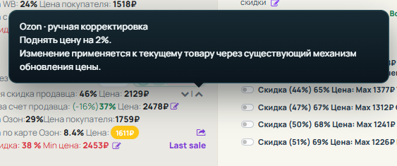 Подсказка ручной корректировки цены